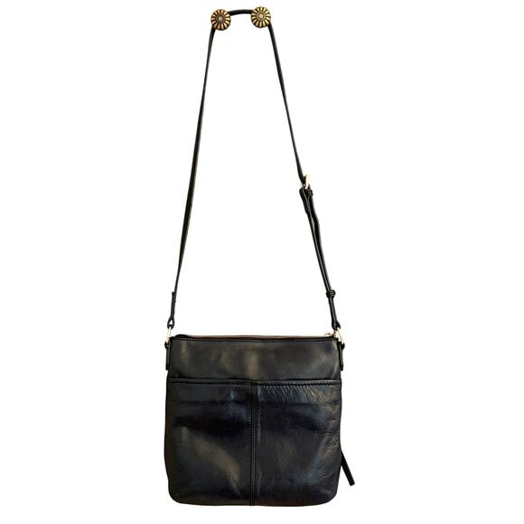 Tommy Bahama Black Leather Crossbody Bag Gold Zip Early 2000s Adjustable Strap - Picture 7 of 16